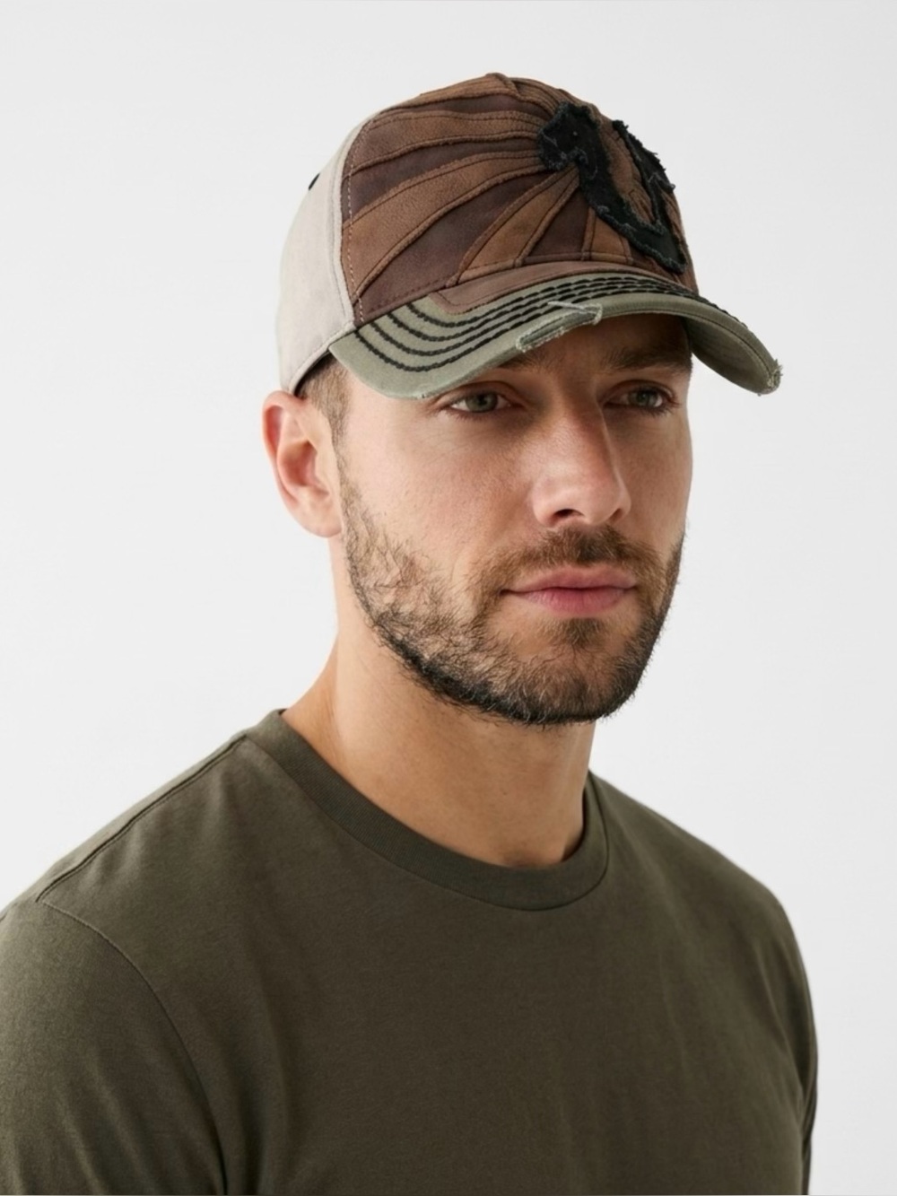 True Religion Vintage Genuine Brown Leather Olive Khaki & Black Distressed Cap